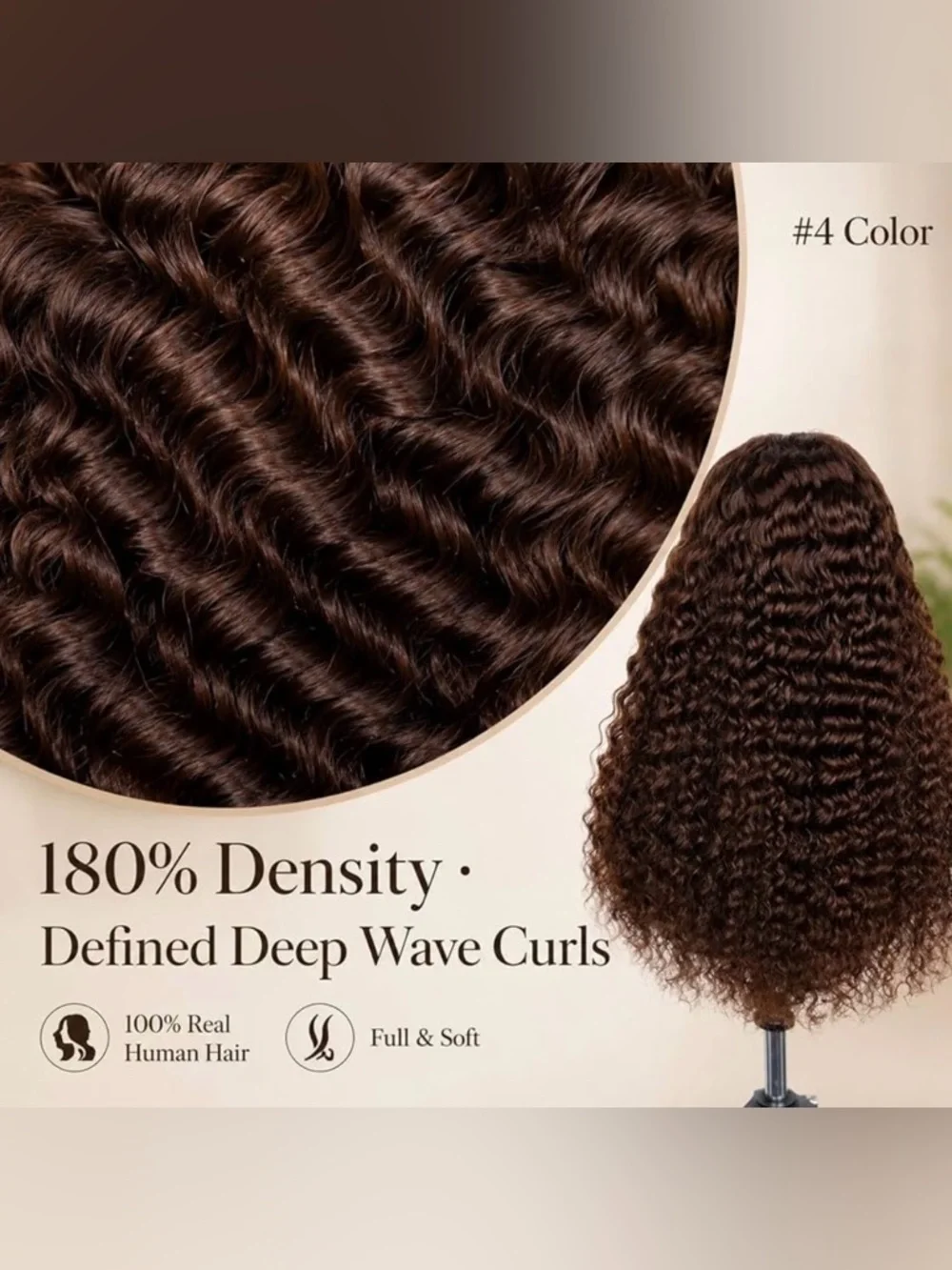 Chocolate Brown Deep Wave Human Hair Glueless 20 Inch Wig